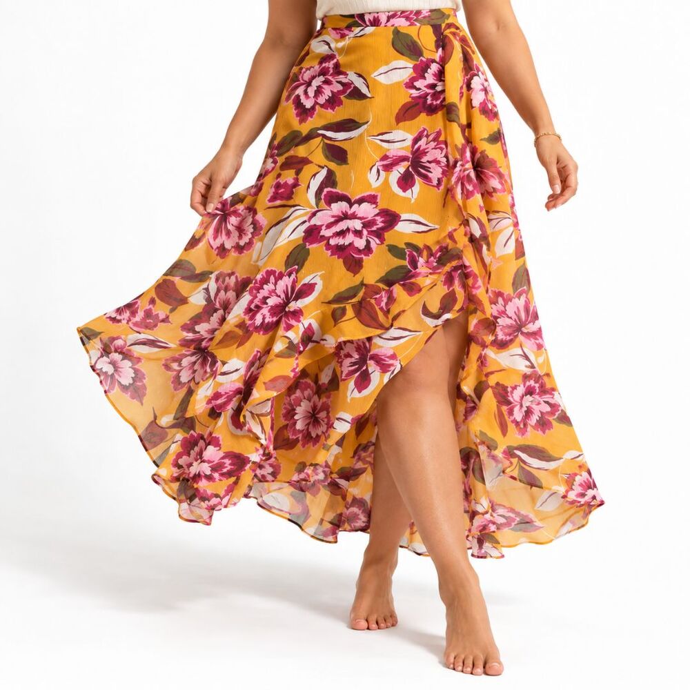 Etam Maxi Skirt 12 Mustard Ruffle Slit Floral Metallic Thread Made in France